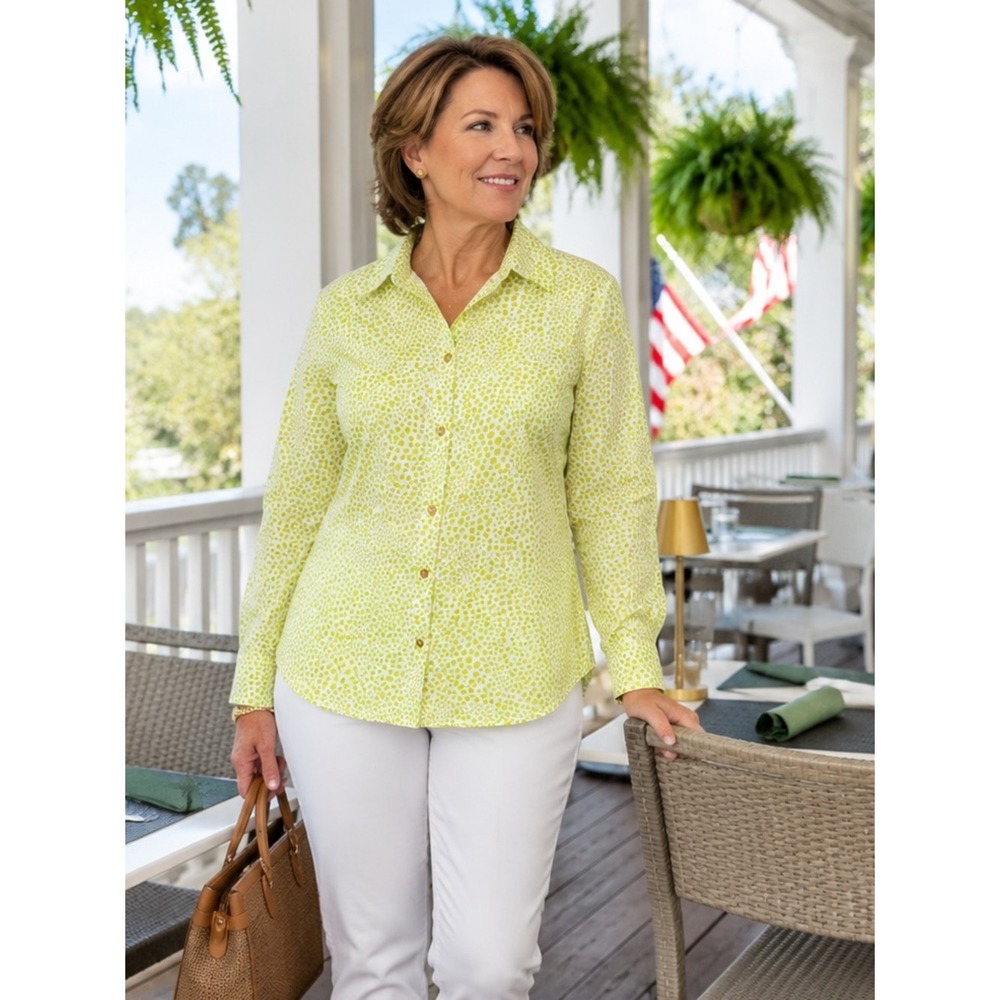 Chico's Effortless Flowing Dots Soft Lime Polka Dot No Iron Cotton Shirt 1 M 8